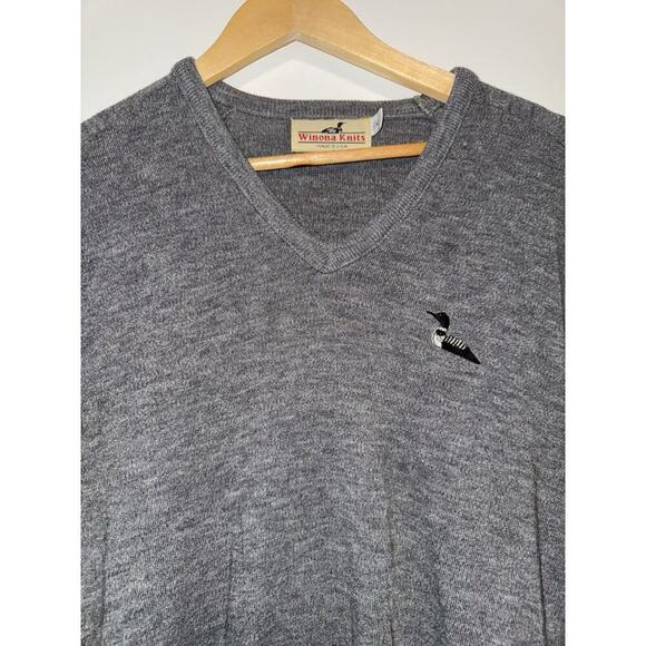Winona Knits V-Neck Sweater Gray Embroidered Duck Vintage Made USA Mens XL Tall - Picture 2 of 7